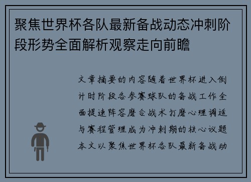 聚焦世界杯各队最新备战动态冲刺阶段形势全面解析观察走向前瞻