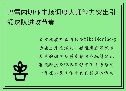 巴雷内切亚中场调度大师能力突出引领球队进攻节奏
